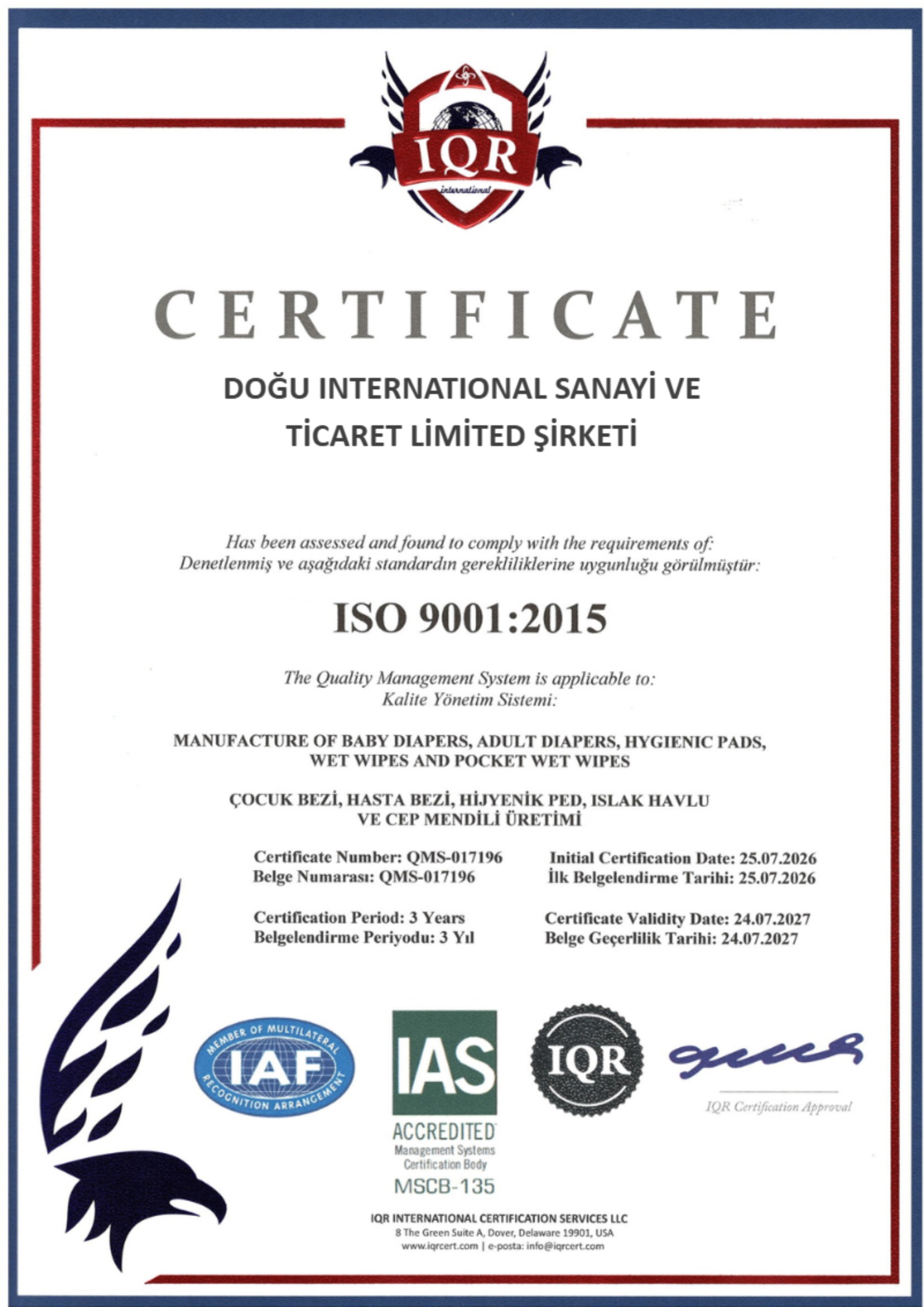 ISO 9001:2015 Kalite Yönetim Sertifikası